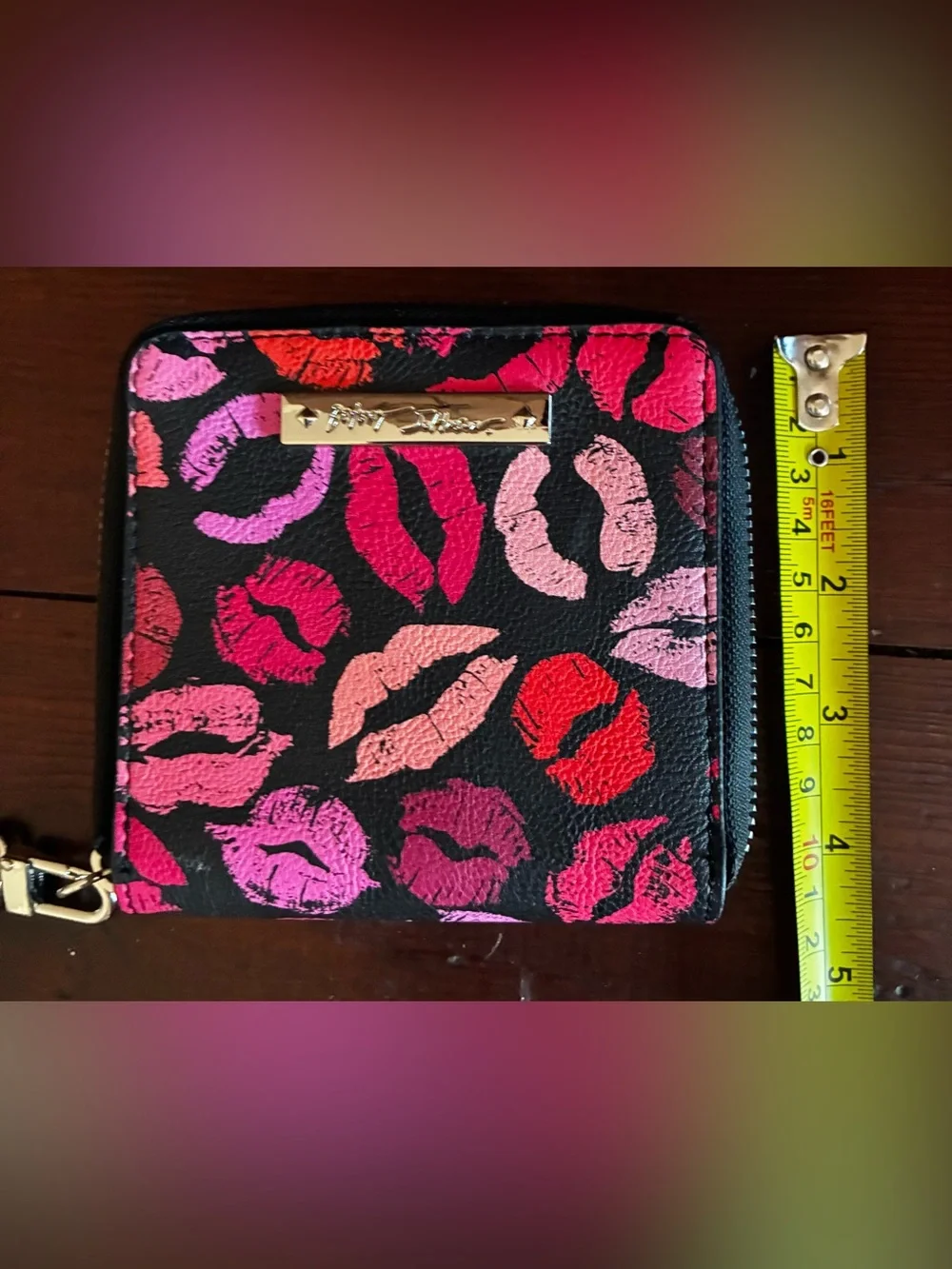 Betsey Johnson Black Wallet with Pink & Red Lip Print